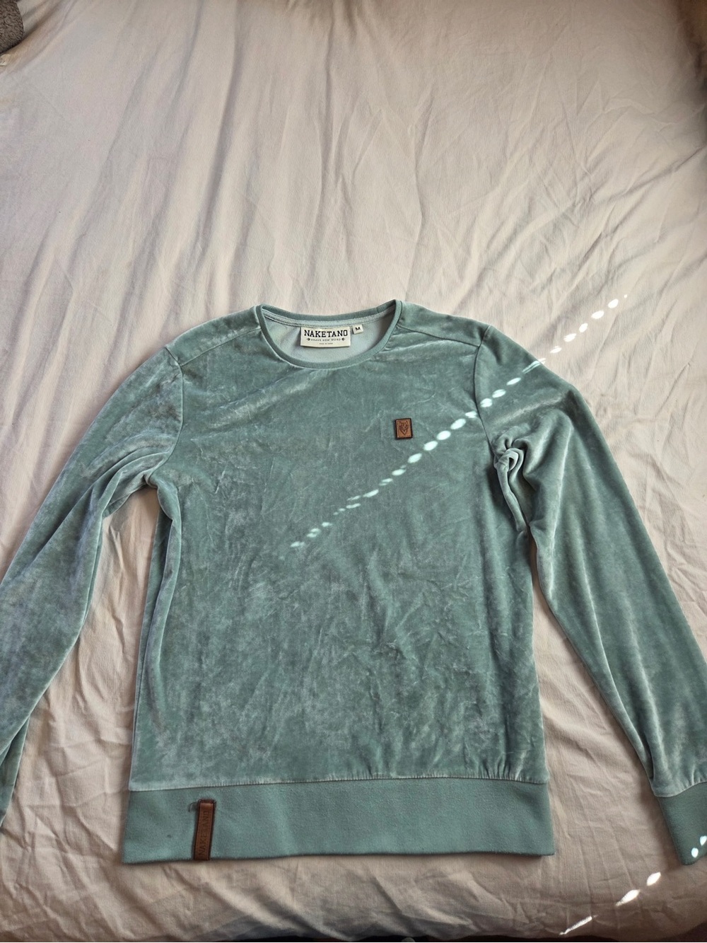 Naketano Mint Green Velour Velvet Pullover with Leather Logo Patch